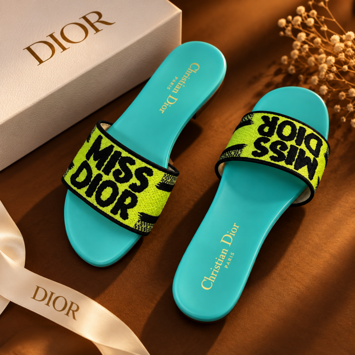 6acddbb507ef80.png Miss Dioor Premium Dway Slide With OG Box & Carry Bag (Yellow Green - 1062) - Image 1