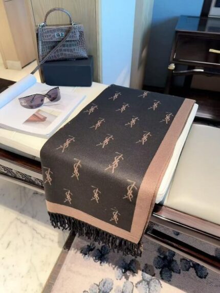 YSL Monogram Pattern Wool Blend Scarf Black & Brown With Carry Bag