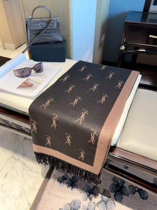 6acddd6f4739f0.jpg YSL Monogram Pattern Wool Blend Scarf Black & Brown With Carry Bag - Image 1