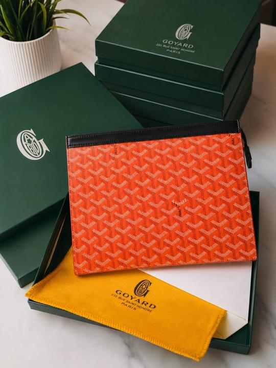6acde2abb34360.jpg Goyarrd Senat Clutch Orange Pouch Signature Chevron With OG Box & Dust Cover 61692 Orange Sale - Image 1