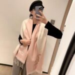 Chennel CC Logo Two-Tone Pink & Cream Wool Blend Scarf With Carry Bag