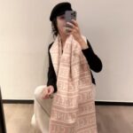 Celine Logo Stripe Pattern Wool Blend Scarf Pink & Cream With Carry Bag