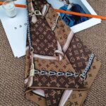 luois vuton Monogram Chain & Leather Strap Print Silk Square Scarf Brown & Beige With Carry Bag