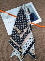 luois vuton Monogram Chain & Leather Strap Print Silk Square Scarf Black & White With Carry Bag