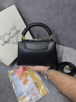 Louiis Vuitton Capucines Black Leather Top Handle Shoulder Bag With Pearl & Gold Chain LV Logo Detachable Strap With OG Box Dust Cover & Carry Bag - Image 2