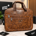 Mont Blanc Brown Vintage-Effect Leather Laptop Bag with Dual Front Zip Pockets Reinforced Corners & Woven Handles (5603)