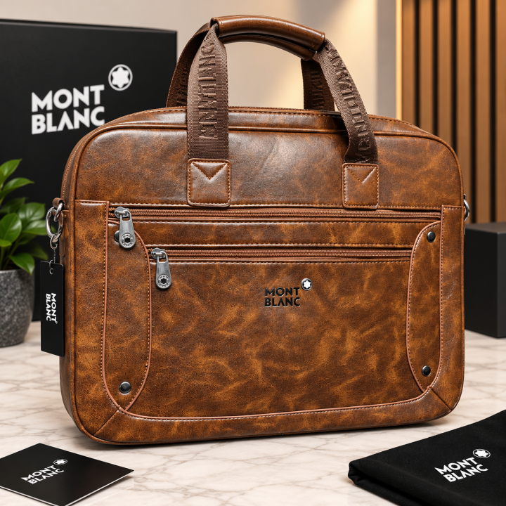6acf5222914fc0.png Mont Blanc Brown Vintage-Effect Leather Laptop Bag with Dual Front Zip Pockets Reinforced Corners & Woven Handles (5603) - Image 1