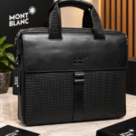 Mont blanc Cognac Black Textured Leather Briefcase with Double-Flap Design Top Zipper & Woven Handles (3301)