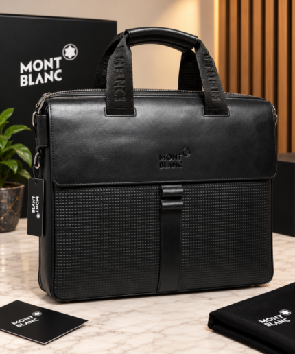 Mont blanc Cognac Black Textured Leather Briefcase with Double-Flap Design Top Zipper & Woven Handles (3301)