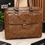 Mont Blanc Cognac Brown Textured Leather Briefcase with Flap Front Pocket Studded Accents & Top Zip Closure (8176)