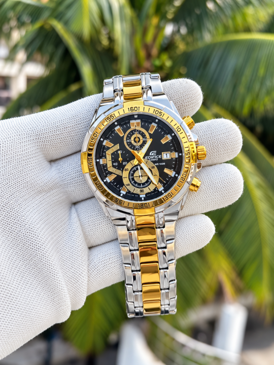 6acf614dbe28e1.png Casio Edifice 539 Two Tone Black Dial AT312 - Image 1