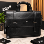 Mont Blanc Black Textured Leather Briefcase with Double Strap Flap Closure & Metal Buckle Accents (0865-1)