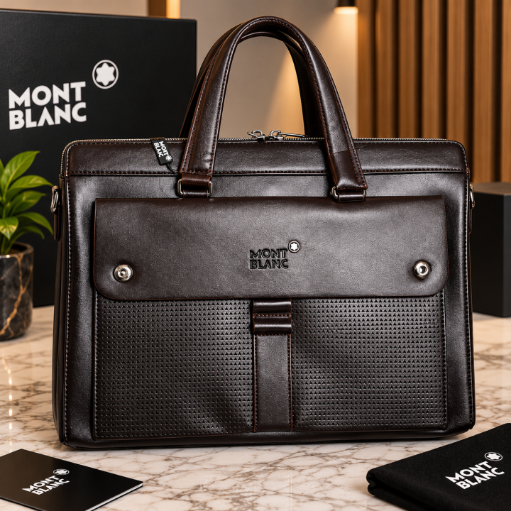 6acf7fb7962c30.png Mont Blanc Cognac Coffee Textured Leather Briefcase with Flap Front Pocket Studded Accents & Top Zip Closure (8176) - Image 1