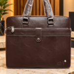 Mont Blanc Structured Leather Laptop Bag With Pocket Strap Closer Coffee (8059-1)
