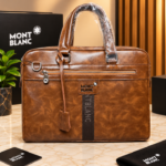 Mont Blanc Cognac Brown Textured Briefcase with Front Zip Pocket Signature Center Strap Including Detachable Shoulder Strap (5505-1)
