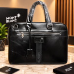 Mont Blanc Cognac Black Briefcase with Front Zip Pocket Signature Center Strap Including Detachable Shoulder Strap (5505-1)