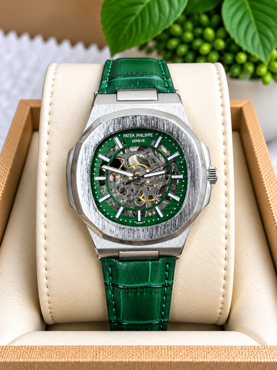 6acfaf37e05130.png PATEK PHILIPE AUTOMATIC LEATHER BELT GREEN SILVER AT288 - Image 1