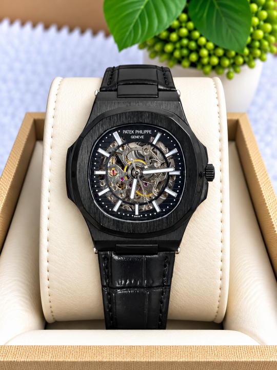 6acfaf55c0a6b0.png PATEK PHILIPE AUTOMATIC LEATHER BELT FULL BLACK AT288 - Image 1