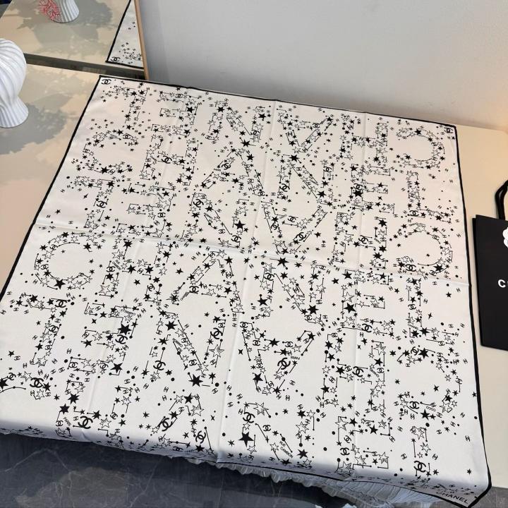 6ad0767f01a320.jpg Chennel CC Logo & Star Print Silk Square Scarf White & Black With Carry Bag - Image 1