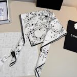 Chennel CC Logo & Star Print Silk Square Scarf White & Black With Carry Bag - Image 4